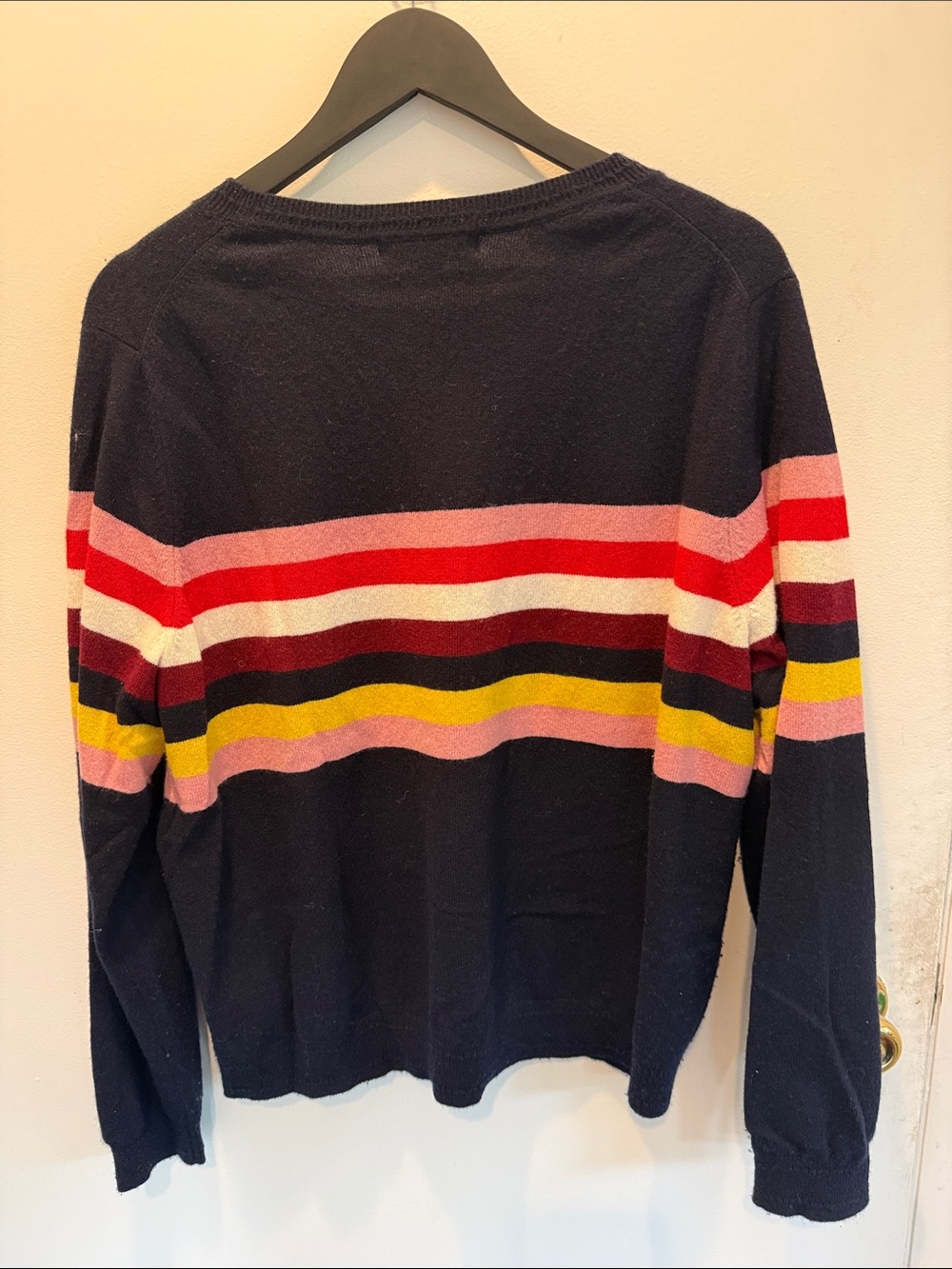 Boden cashmere Navy Crewneck Sweater with Pink, Red and Yellow Stripes - Picture 5 of 5